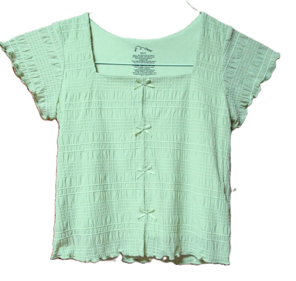 Art Class Girls Green Textured Top Size Small 6/7 Bow Front Ruffle Sleeve Shirt